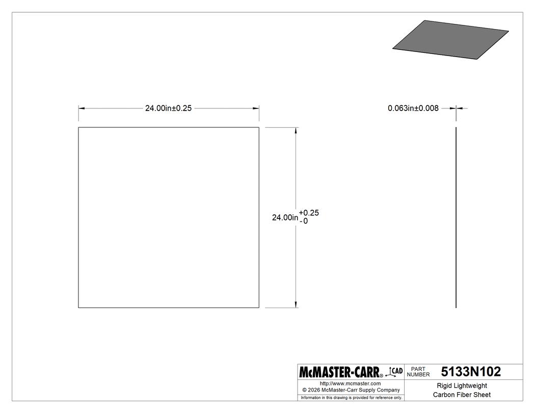 Technical Drawing of Rigid Lightweight Carbon Fiber Sheet, 1/16" Thick, 24" x 24".